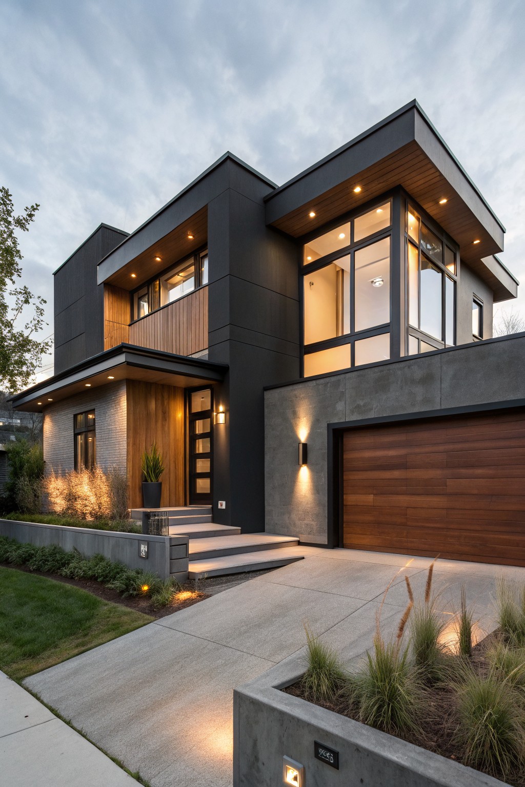 Modern house exterior with deep charcoal siding and wood accents.