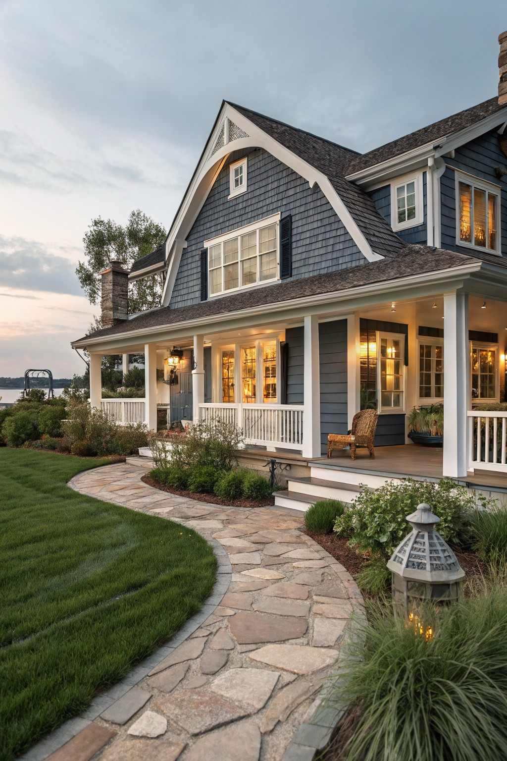 A house exterior with deep blue gray siding and white trim beside a stone walkway.