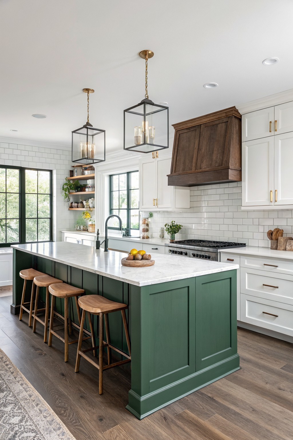 Modern kitchen featuring a green island, marble countertop, pendant lights, and wooden accents.