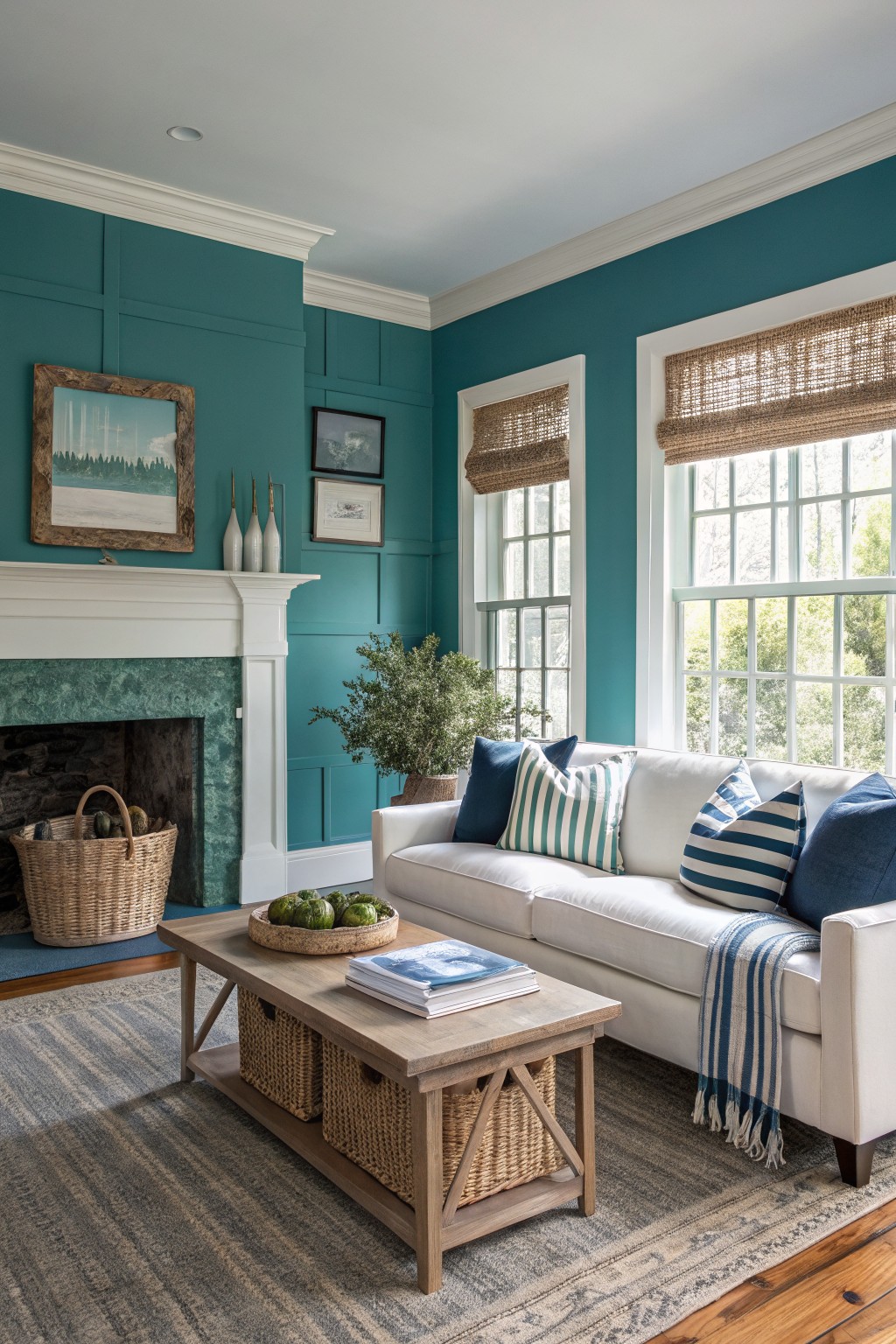A living room featuring deep teal walls with white trim and a wooden coffee table.