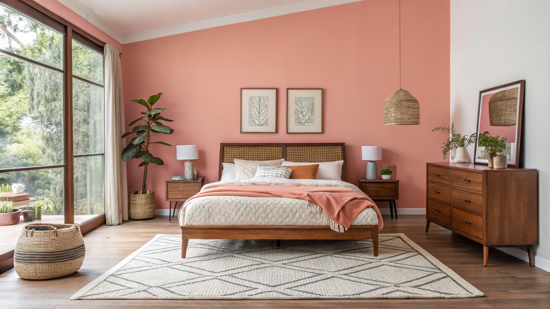 A bedroom featuring warm coral walls and wooden furniture.