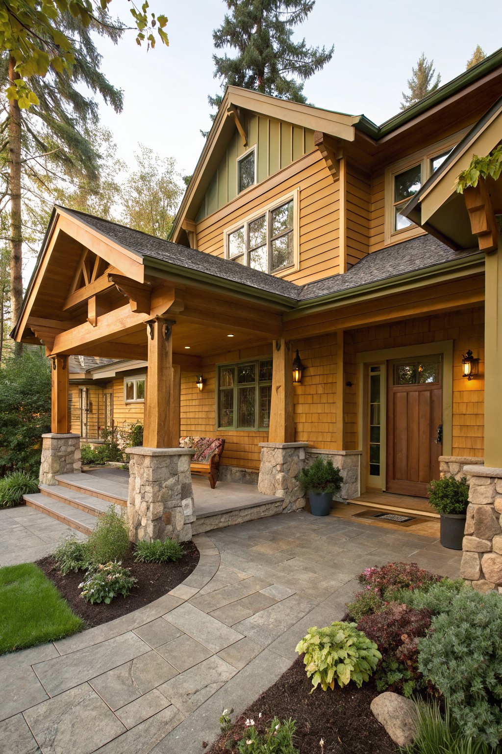Golden yellow siding on a two-story house with a covered stone porch.