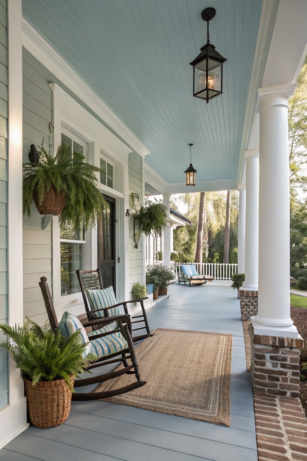 Charming porch with rocking chair, potted ferns, blue ceiling, and decorative lighting.