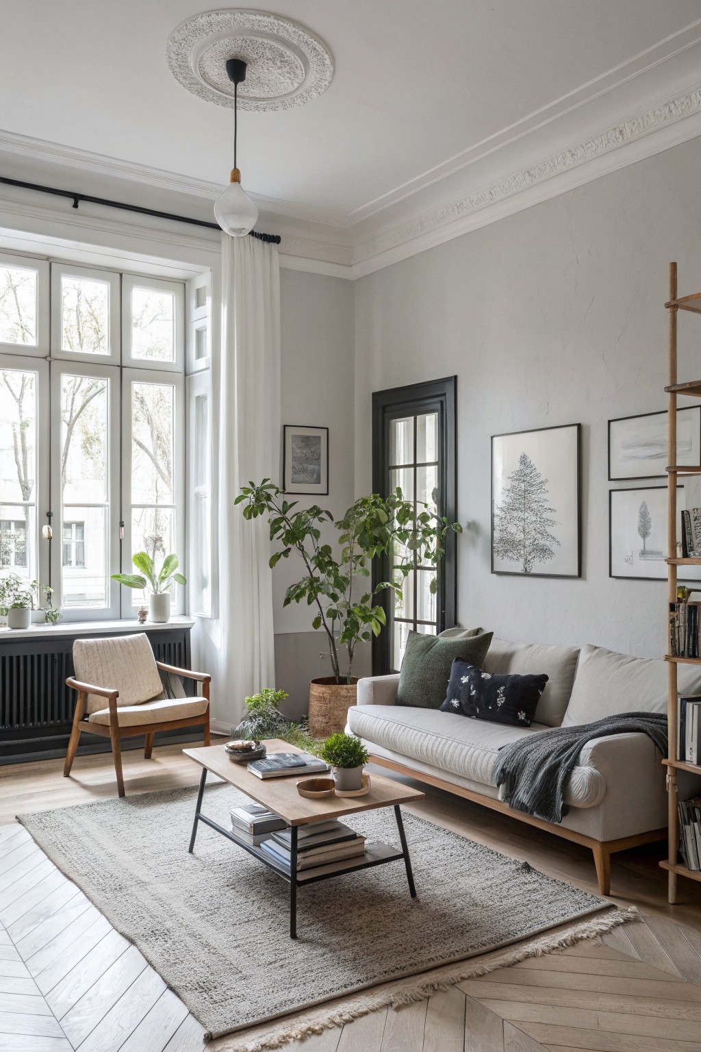Bright living room with a cozy couch, plants, wooden furniture, and stylish decor.