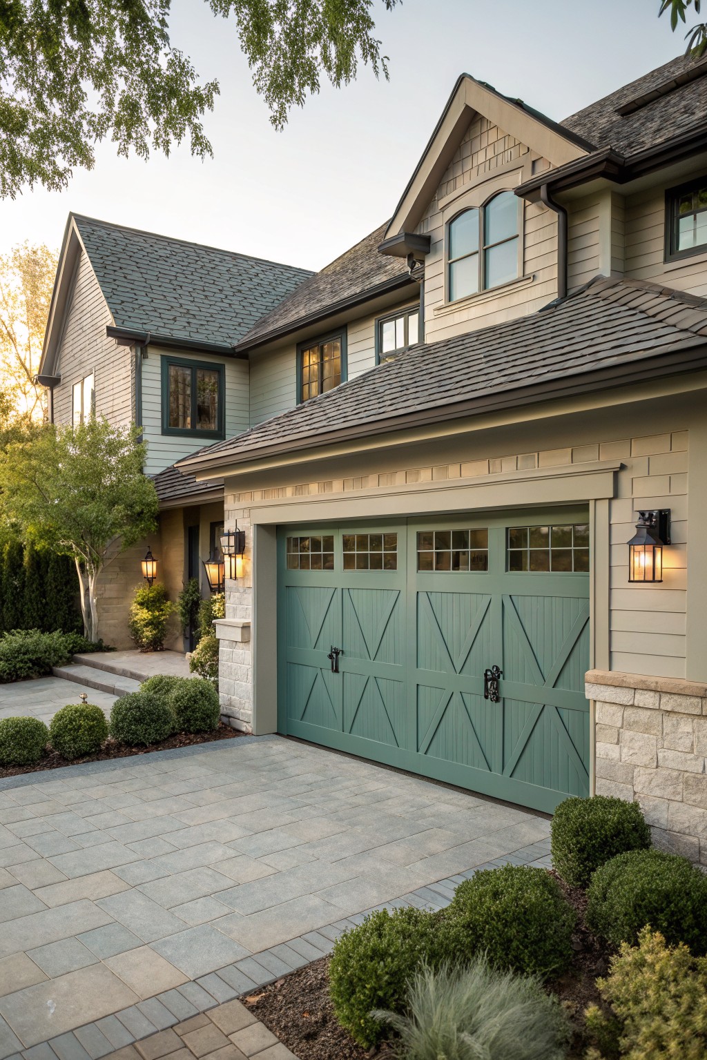A house exterior with a muted sage green garage door next to light siding and stone.
