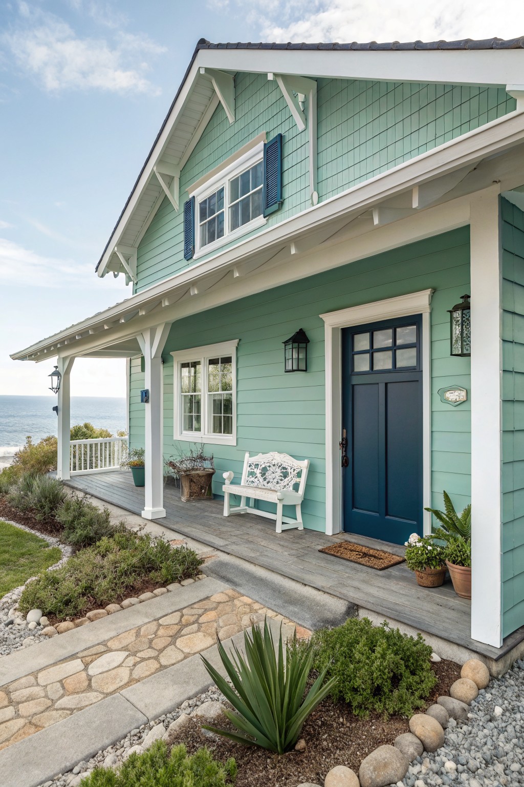 A house exterior painted in soft green siding with white trim.