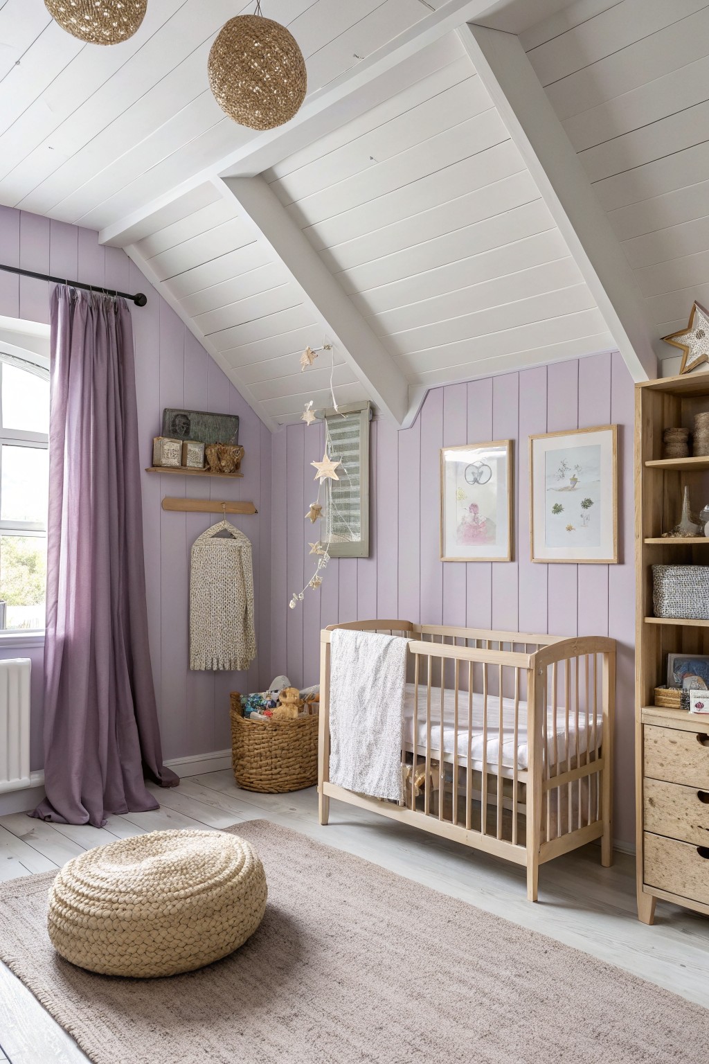 A child's room with soft lavender walls, white trim, and a wooden crib.