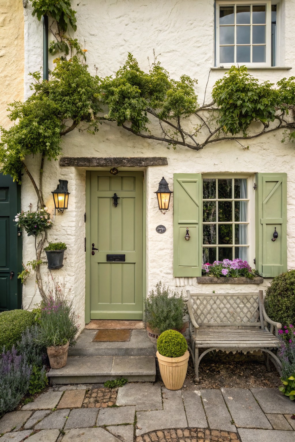 A front door and window shutters painted in soft sage green on a white cottage exterior.