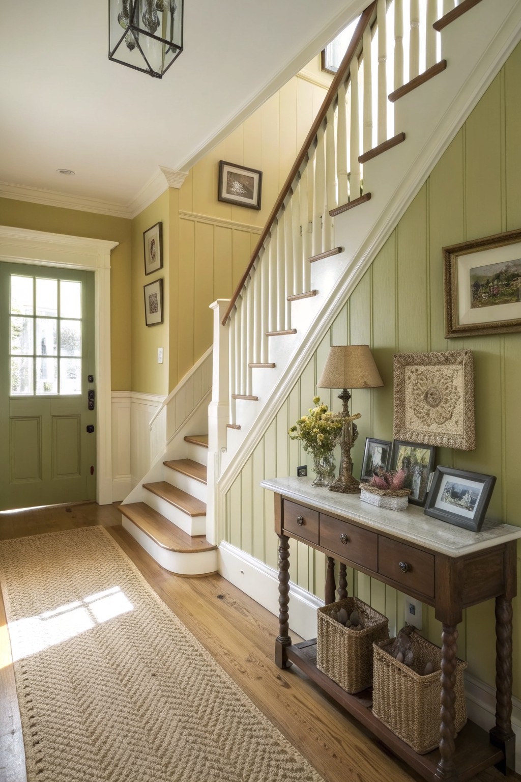 Soft sage green walls in a home entryway with a white staircase railing and wood floors.