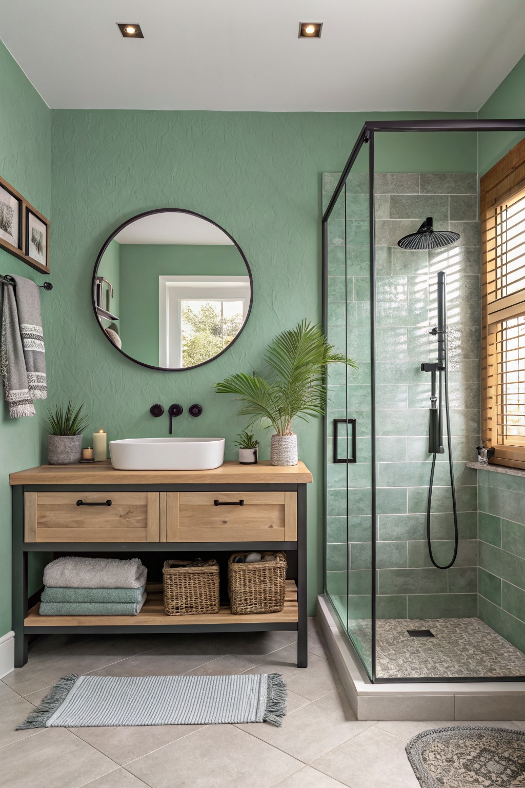 Bathroom walls painted in a soft sage green with a wood vanity and white vessel sink.