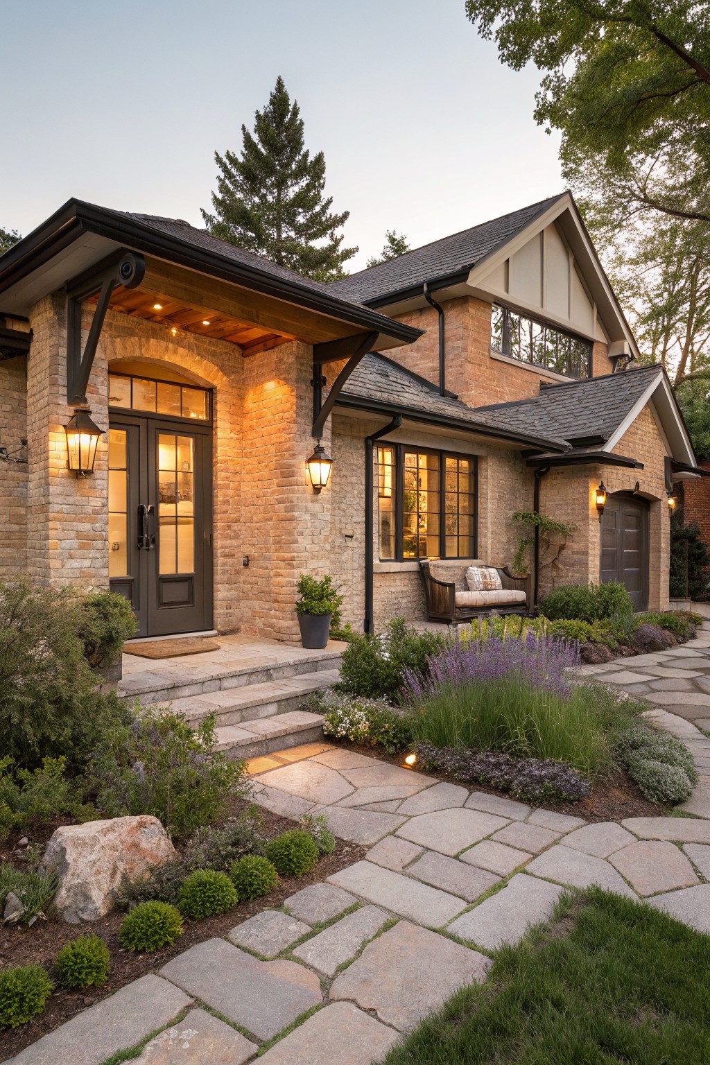 A house exterior painted in a soft warm beige with stone details and a paved walkway.