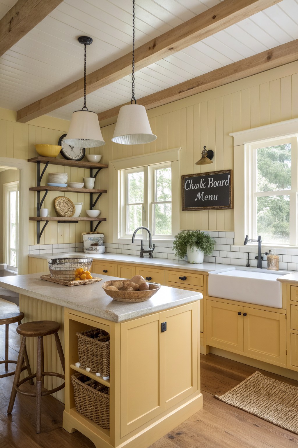 Bright yellow kitchen with white accents, wooden beams, open shelves, and fruit baskets.