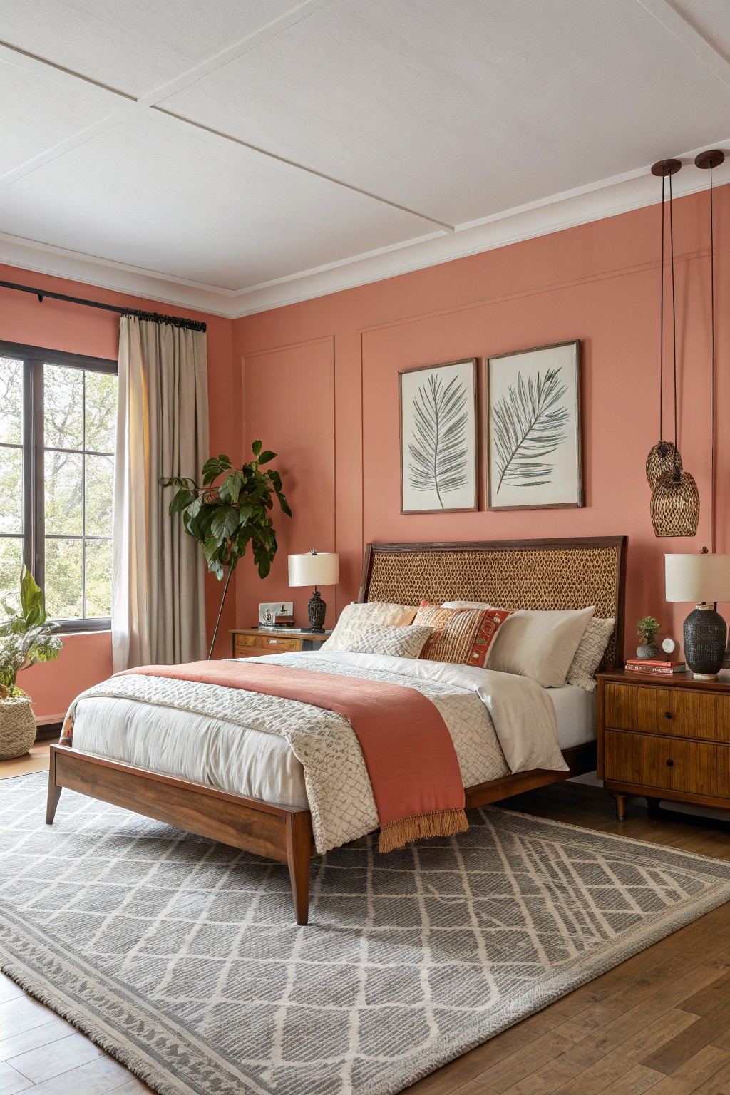 A bedroom featuring warm coral walls and wooden furniture.
