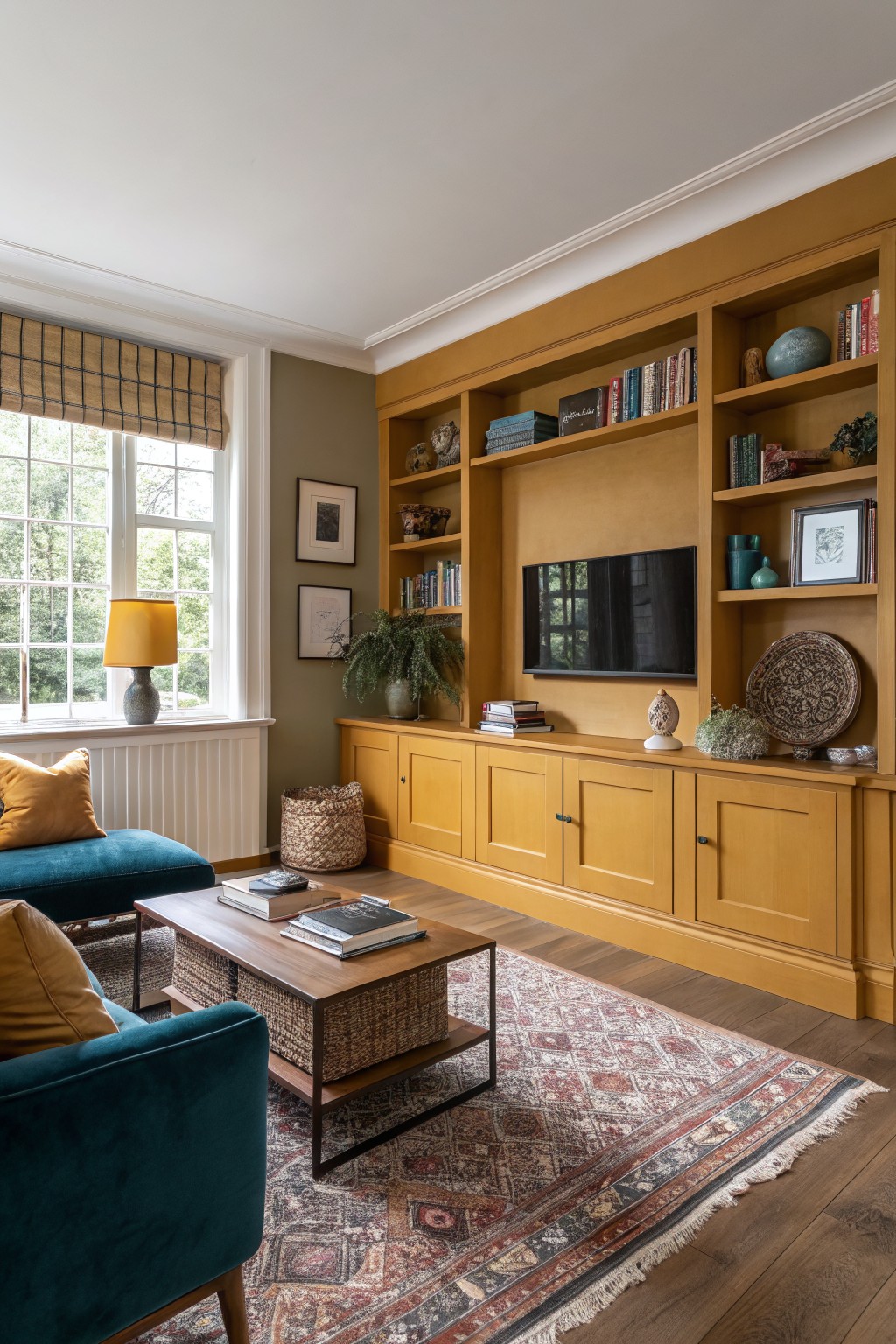 A living room featuring built-in cabinetry painted in a warm ochre yellow.