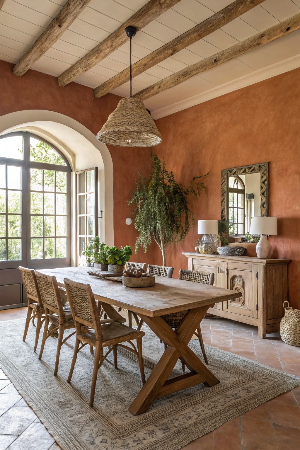 Warm terracotta walls in a dining room with a wooden table and woven chairs.