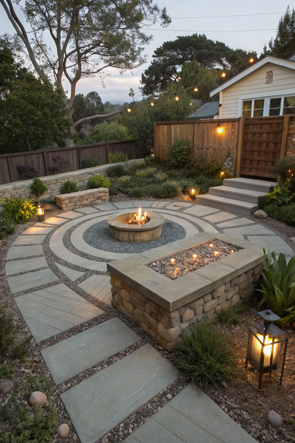 Backyard hardscape with circular gray paver and gravel pathway encircling a central stone fire pit, adjacent linear fire box, surrounding plants, lanterns, steps, and distant house.