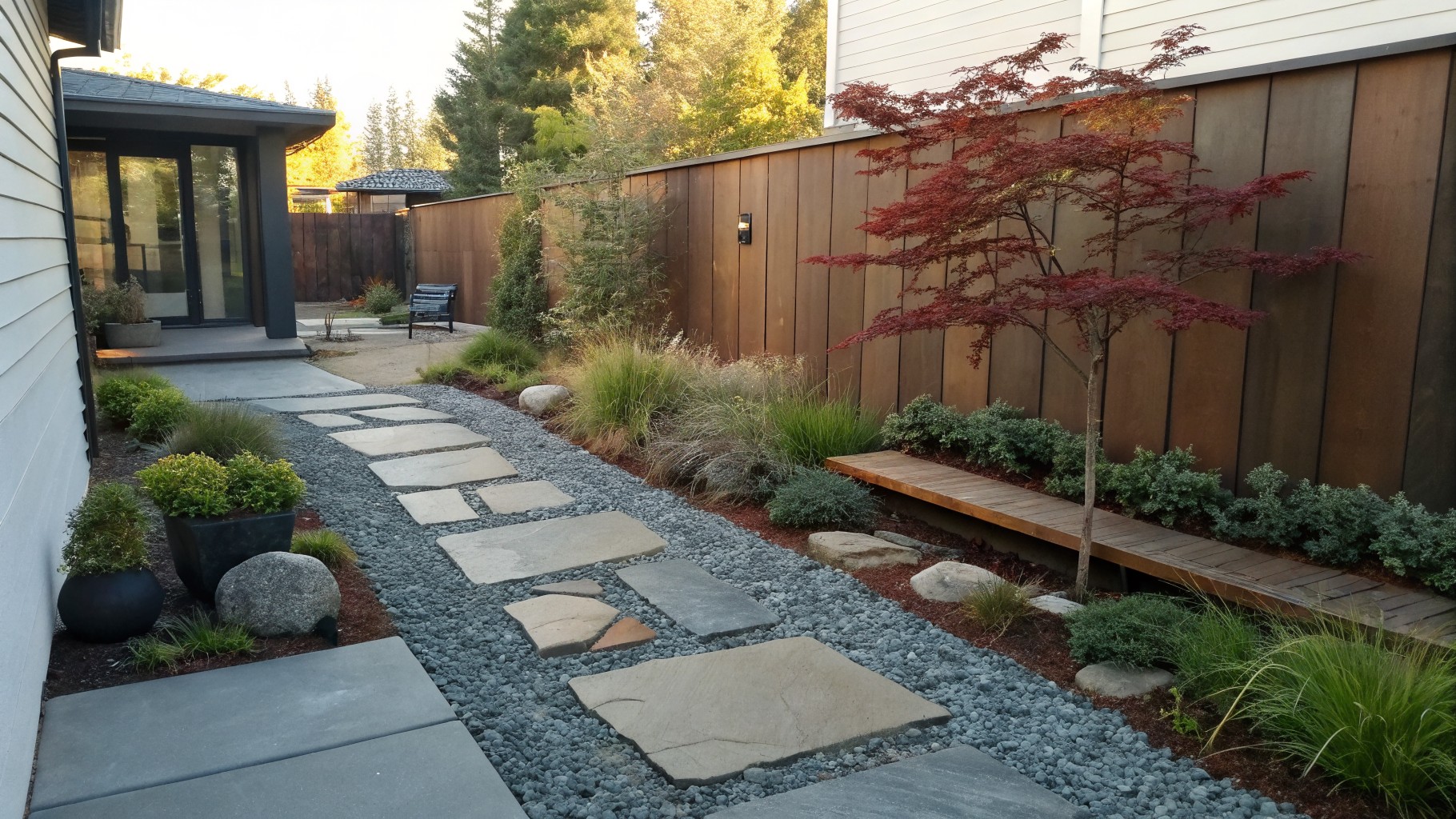 Narrow backyard pathway of irregular gray stone slabs set in light gravel, lined with grasses, succulents, boulders, a potted plant, bench, and wooden fences.