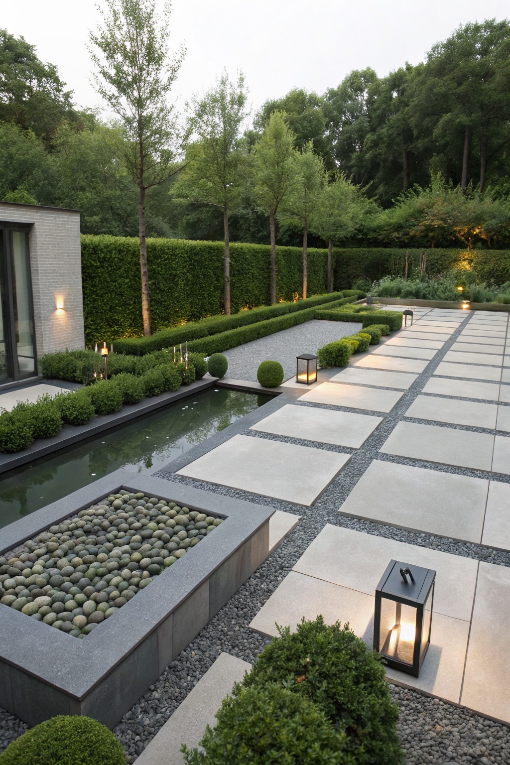Straight backyard pathway of large rectangular gray concrete pavers separated by light gravel, next to a narrow dark-rimmed water channel with pebbles in a basin, boxwood hedges, lanterns, and tall trees in the background.