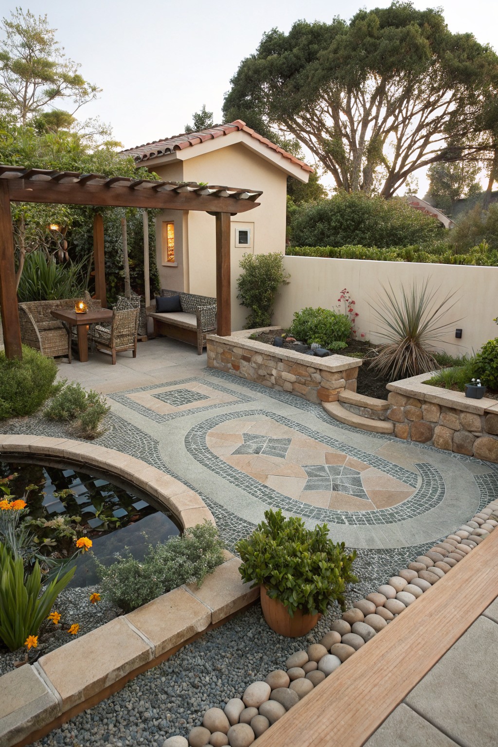 Backyard garden with a curved mosaic tile path edged in smooth pebbles and gravel, a small pond with koi fish and water lilies, stone retaining walls planted with greenery, and a wooden pergola with seating near a beige stucco building.
