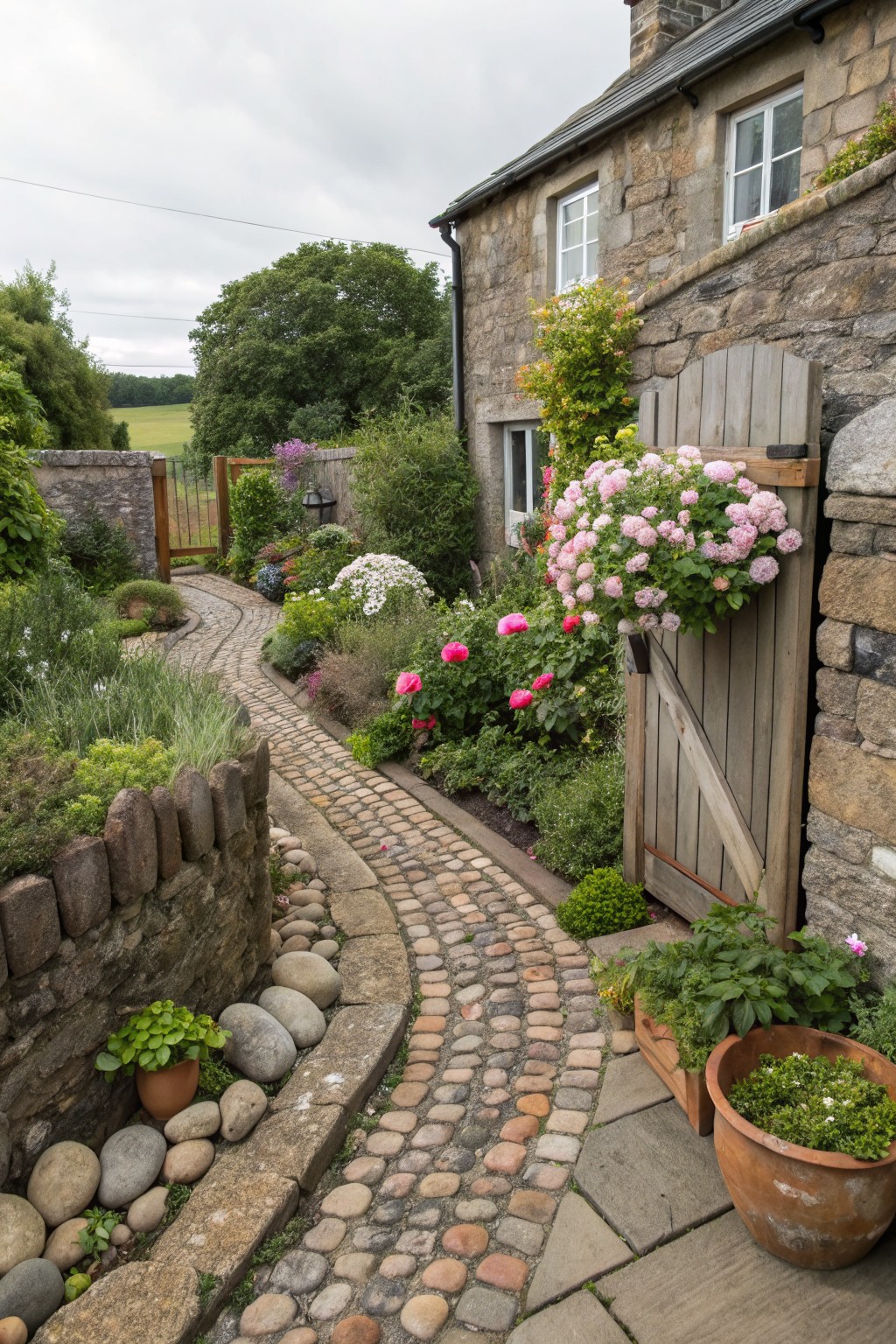 A winding reddish cobblestone path edged with rounded rocks and low stone walls winds through a lush garden filled with pink roses, green shrubs, and potted plants beside a stone house with a wooden gate.