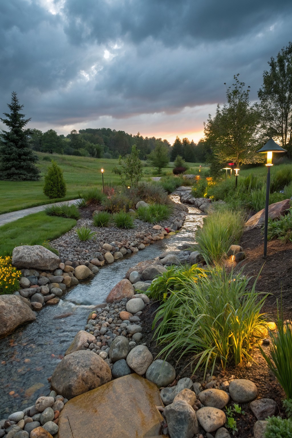 A winding backyard stream lined with large boulders, rounded river rocks, and gravel, bordered by ornamental grasses, flowers, and pathway lights on a lawn with trees and hills under a cloudy sky.