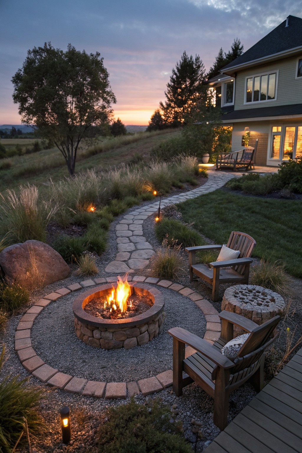 Circular stone fire pit with flames, surrounded by gravel and pavers, two wooden Adirondack chairs, ornamental grasses, large boulder, winding stone path with lights, and house deck in background at dusk.