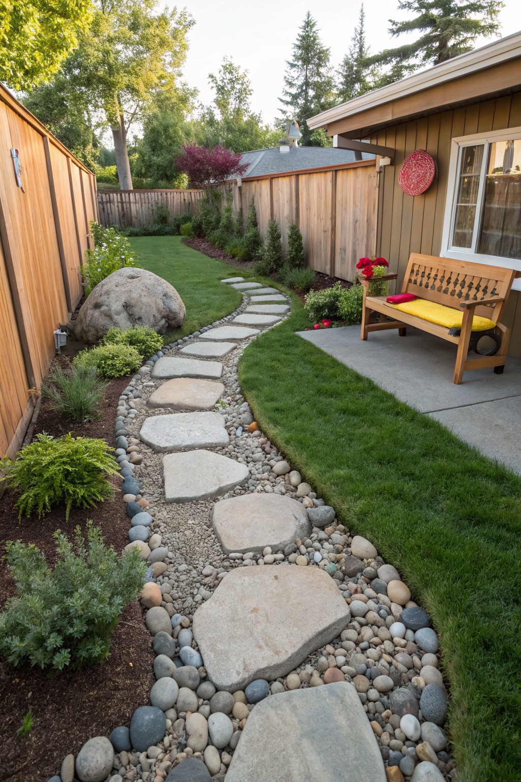 Curving backyard path of irregular stepping stones bordered by pebbles and low plants, with a large boulder, grass lawn, wooden fences, and a bench near the house.