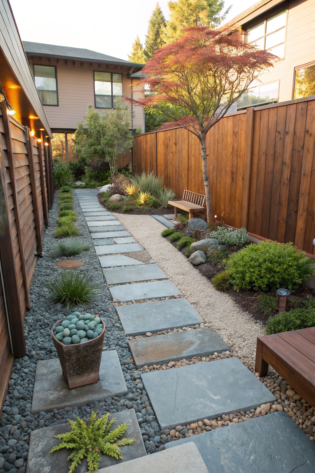 Narrow backyard pathway of irregular gray stone slabs set in light gravel, lined with grasses, succulents, boulders, a potted plant, bench, and wooden fences.