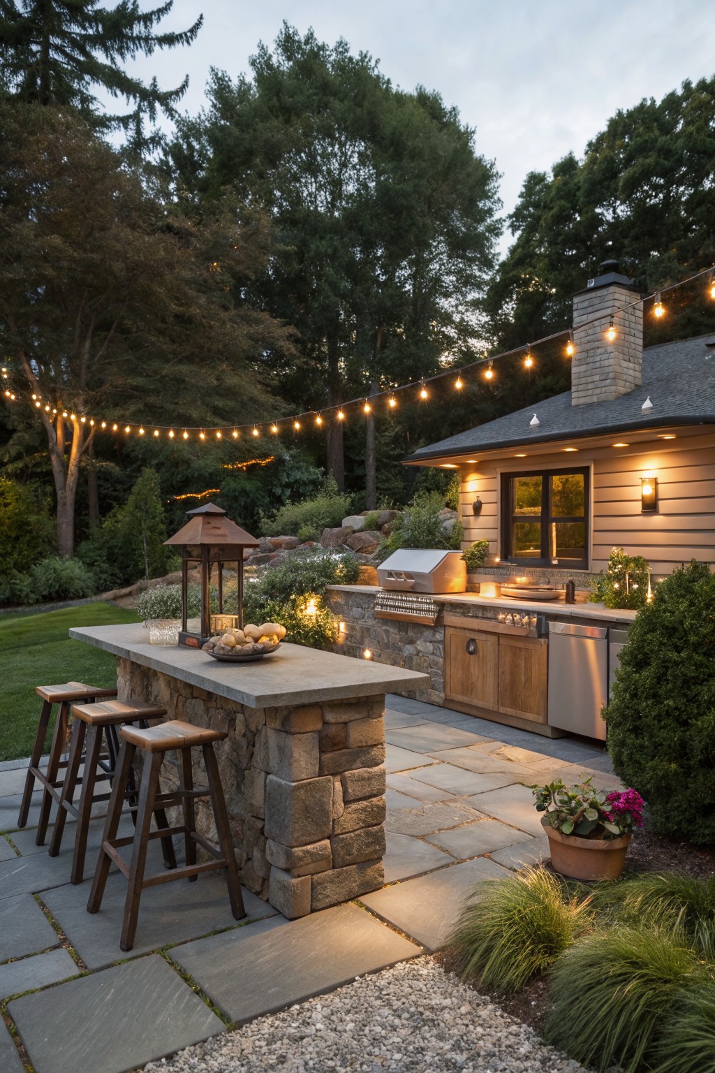 Backyard patio with concrete bar top on stacked stone pedestal base, four wooden bar stools, adjacent outdoor kitchen with grill and cabinets, bluestone pavers, plants, string lights, and wooded surroundings.