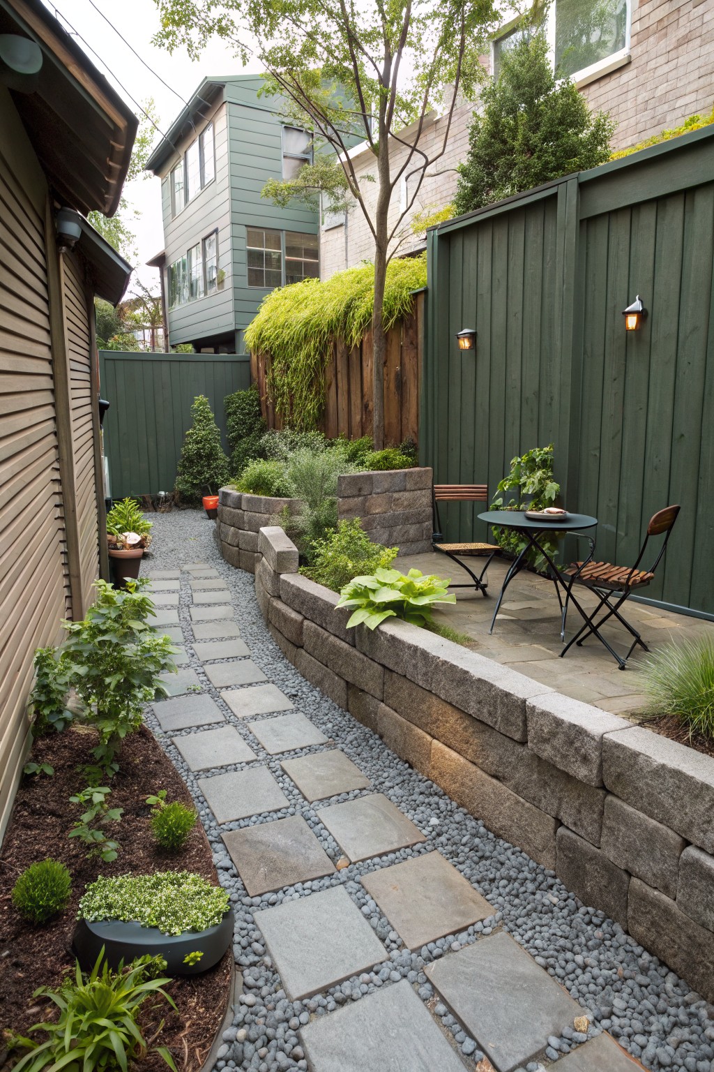 Narrow backyard pathway of large irregular gray stone slabs set in dark gravel, lined with planted stone retaining walls, herbs in pots, and a small round table with two folding chairs at the end.