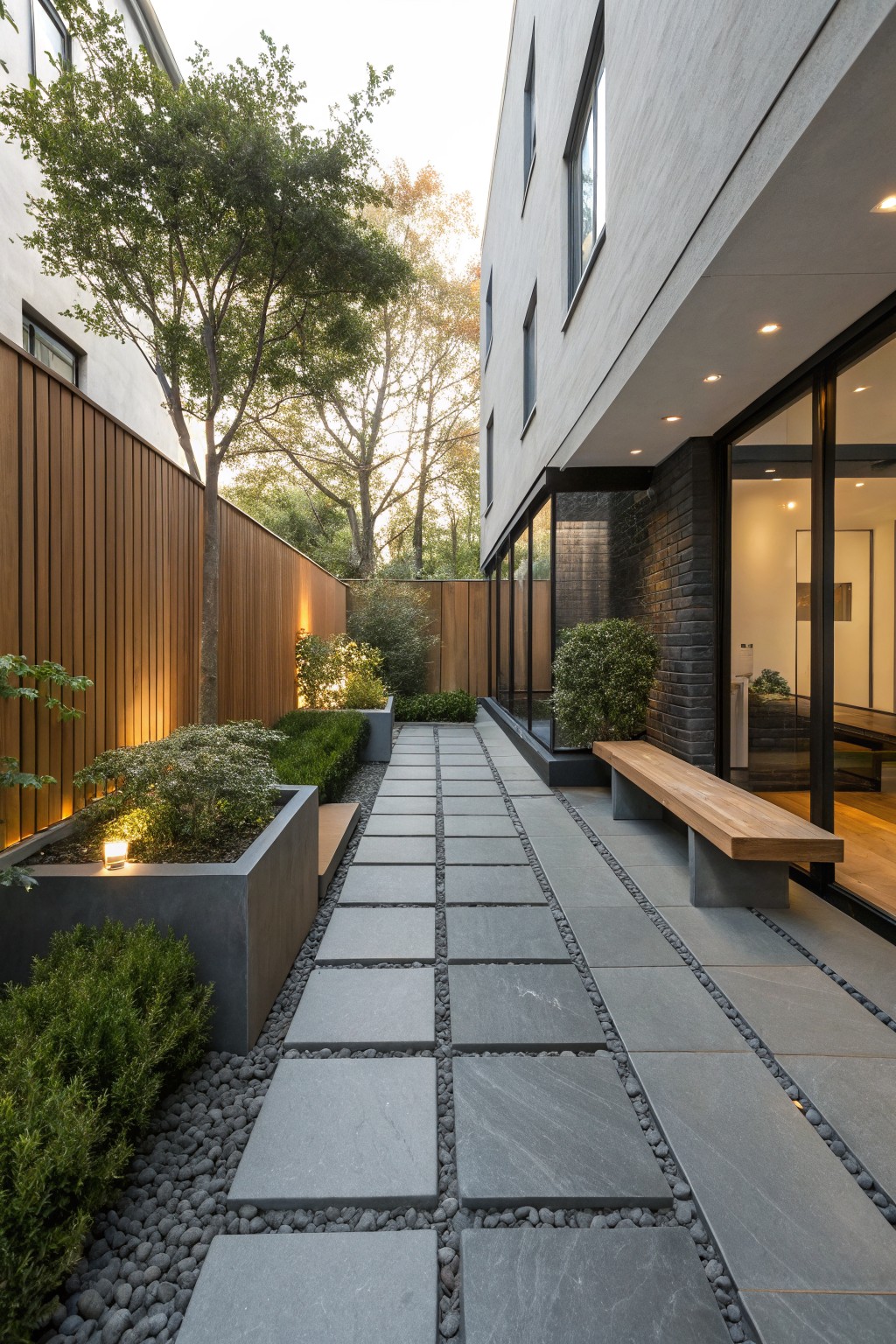 Narrow outdoor stone pathway with large rectangular gray slate pavers separated by light pebbles, flanked by low shrubs in concrete planters, a wooden fence, a bench, and modern house walls.