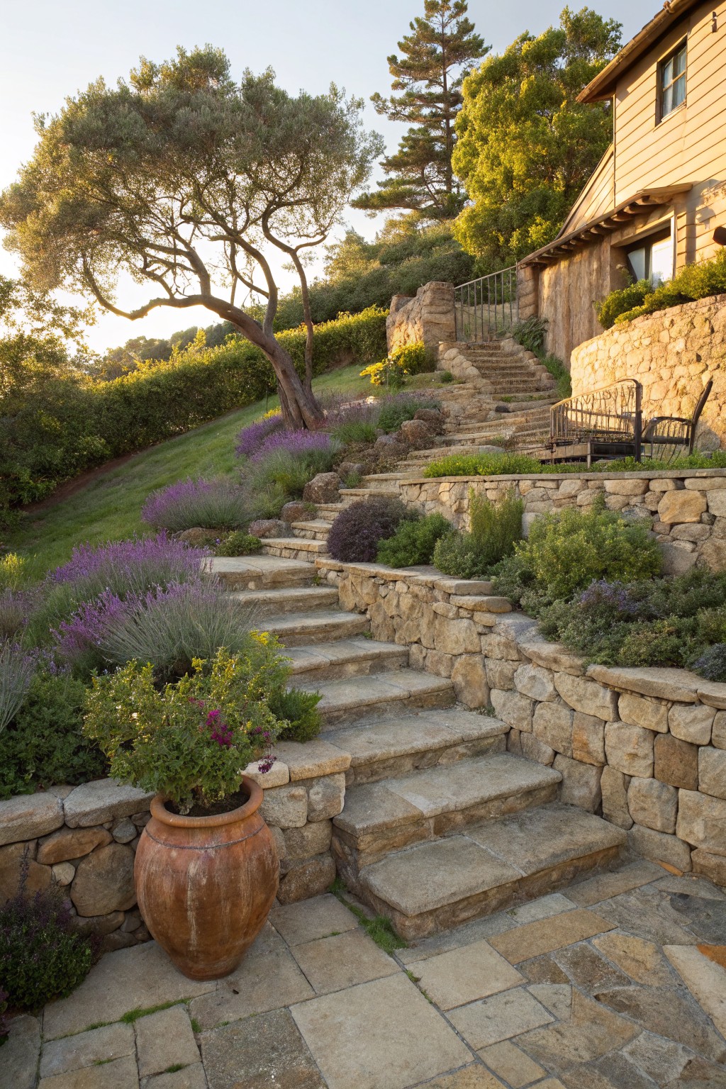 Sloped backyard with dry-stacked stone retaining walls forming terraced levels, wide stone steps ascending amid lavender plantings, a large terracotta pot at the bottom, and a house above.