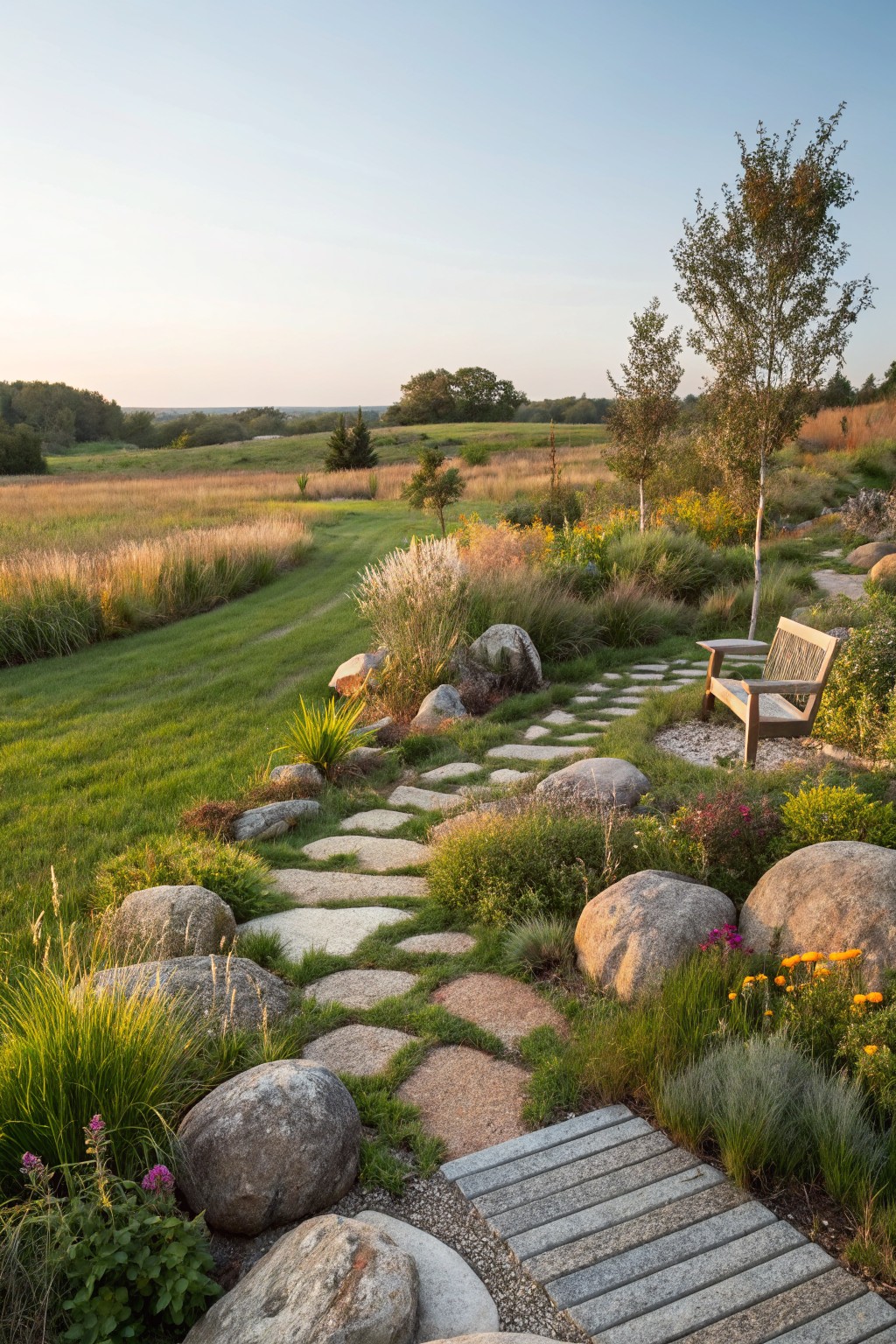Winding garden path of irregular flagstone steps and a short wooden boardwalk weaves between large rounded boulders, ornamental grasses, perennials, and a wooden bench, with mown lawn and distant fields under a sunset sky.