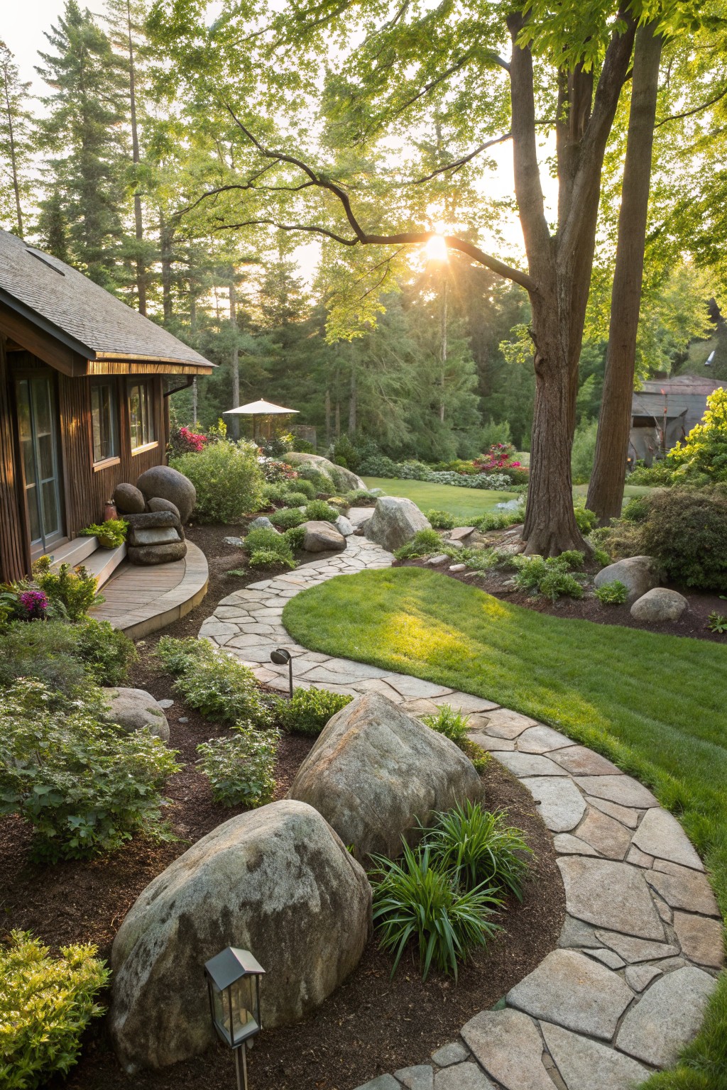 Curved flagstone path winding through grassy yard with large boulders, shrubs, flowers, and mulch beds beside a wooden house and trees in sunlight.