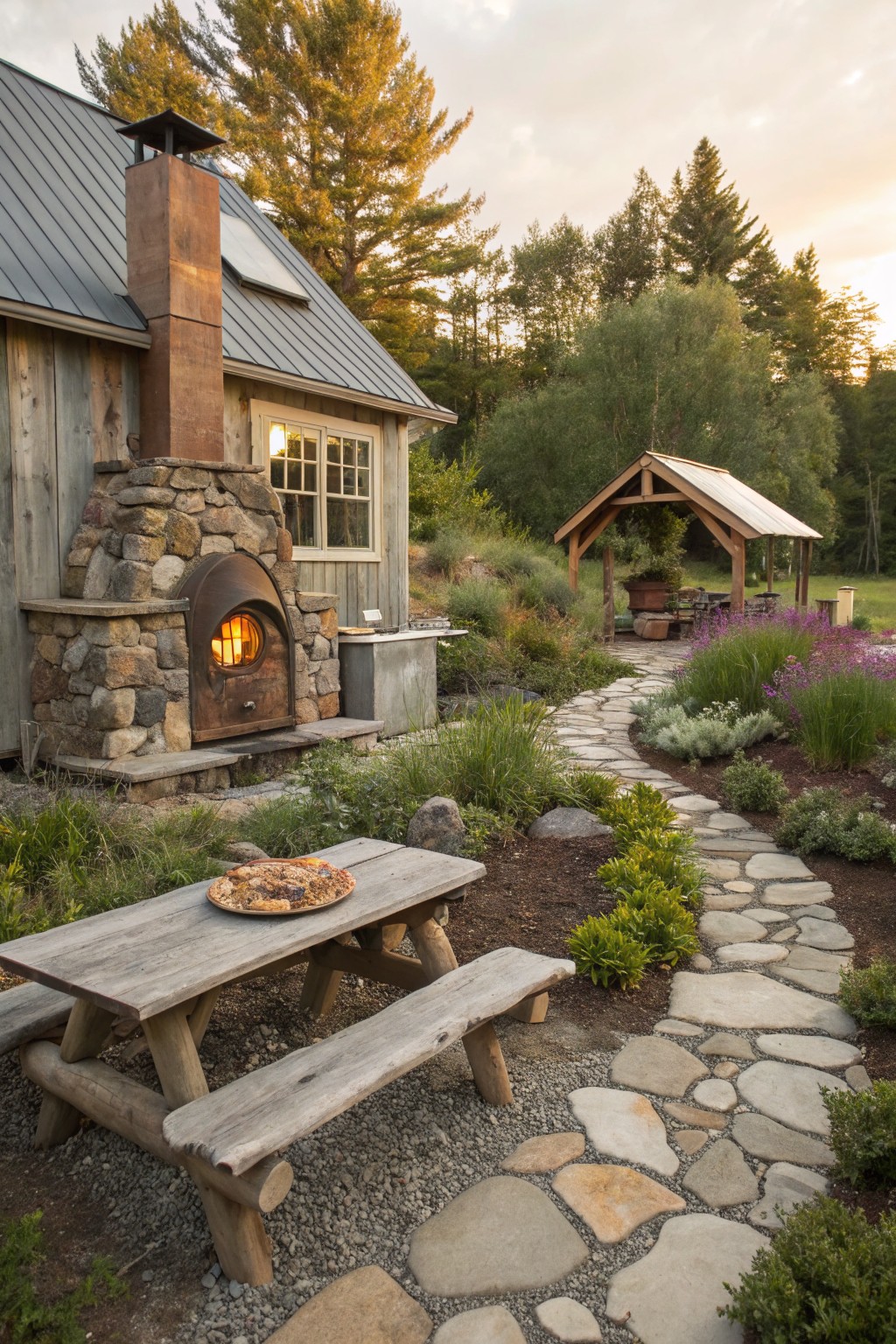 Rustic stone wood-fired pizza oven adjacent to a weathered wood cabin, wooden picnic table with pizza on it nearby, winding flagstone path through garden plantings and gravel in a wooded backyard at sunset.