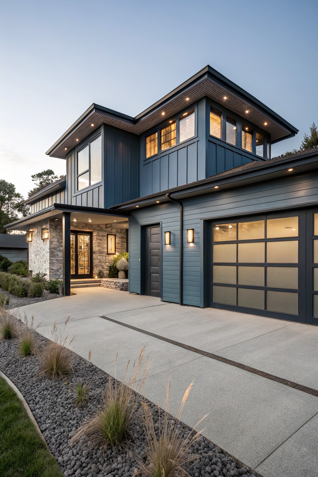 A modern house exterior painted in muted blue gray siding with dark trim and a wide driveway.