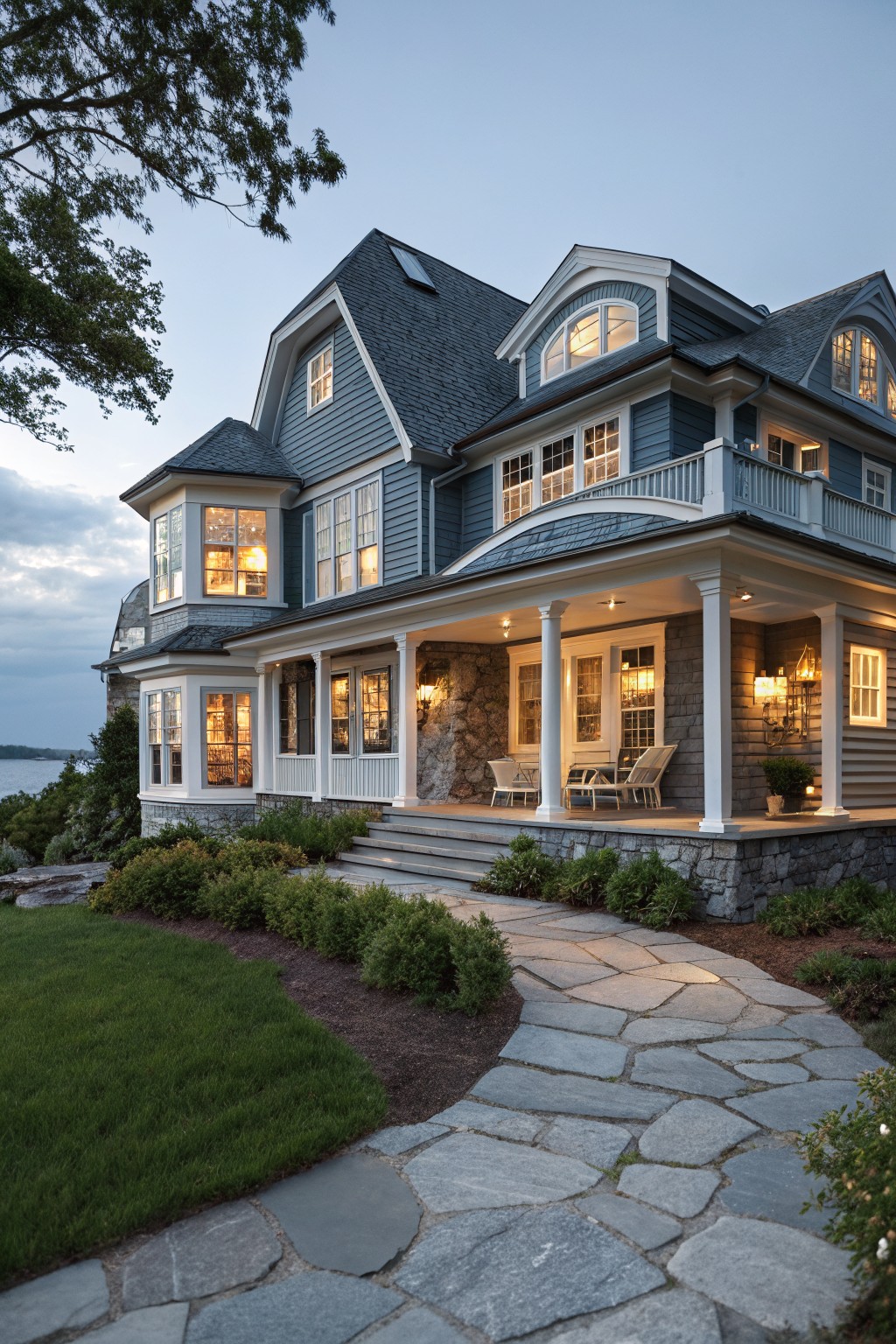 A large coastal home with soft blue gray siding and white trim.