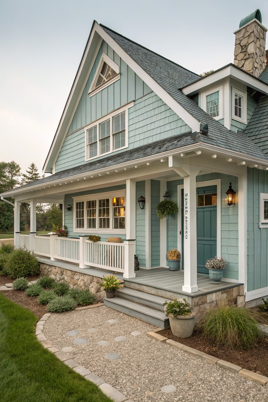 A house exterior painted in a soft blue green with white trim and a stone base.