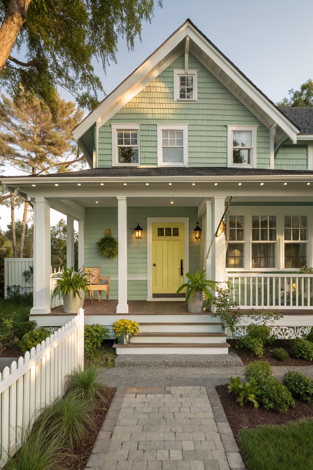 A house with soft sage green siding, white trim, and a front porch with yellow door.