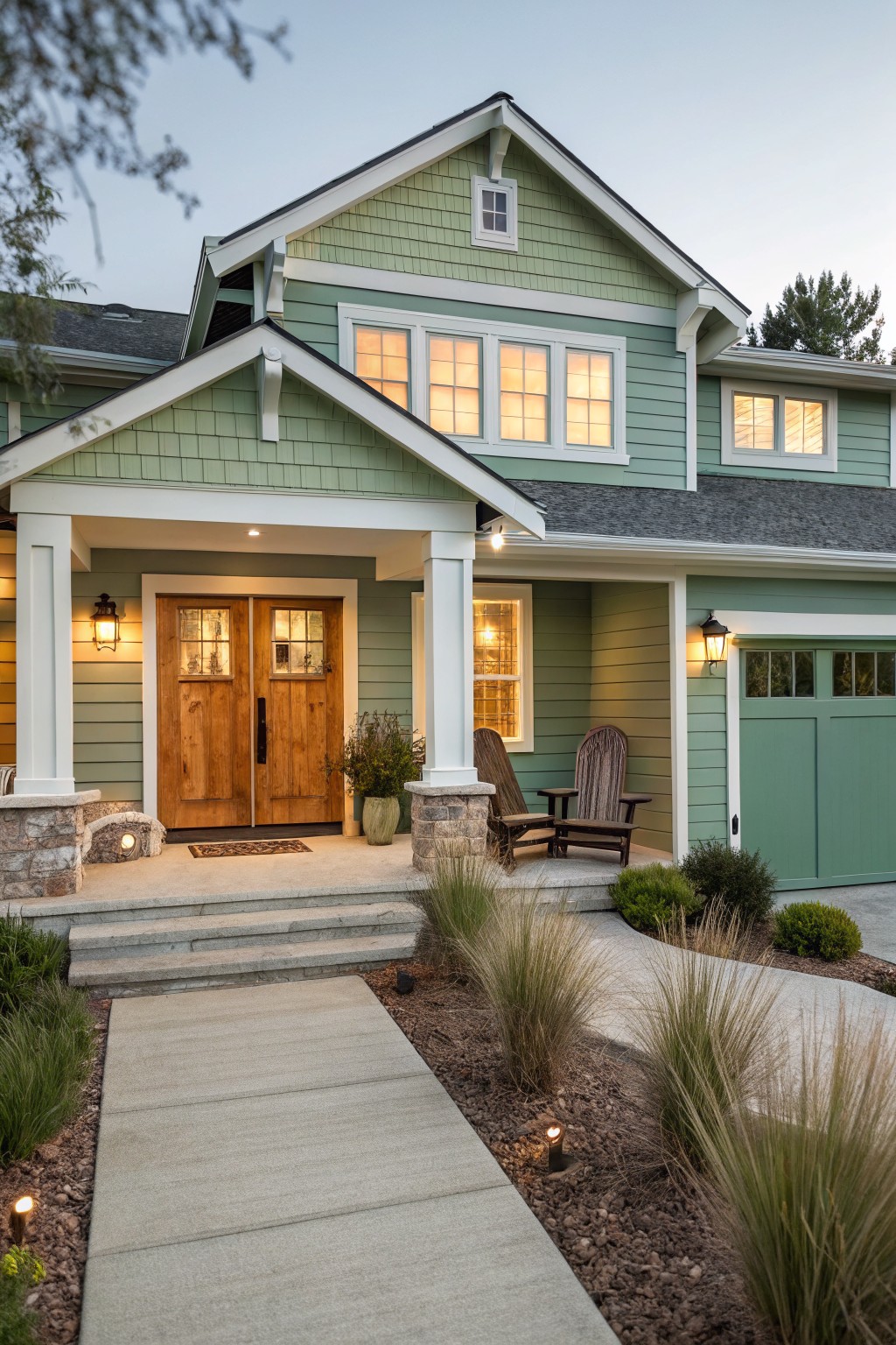 A coastal home with soft sage green siding and white trim.