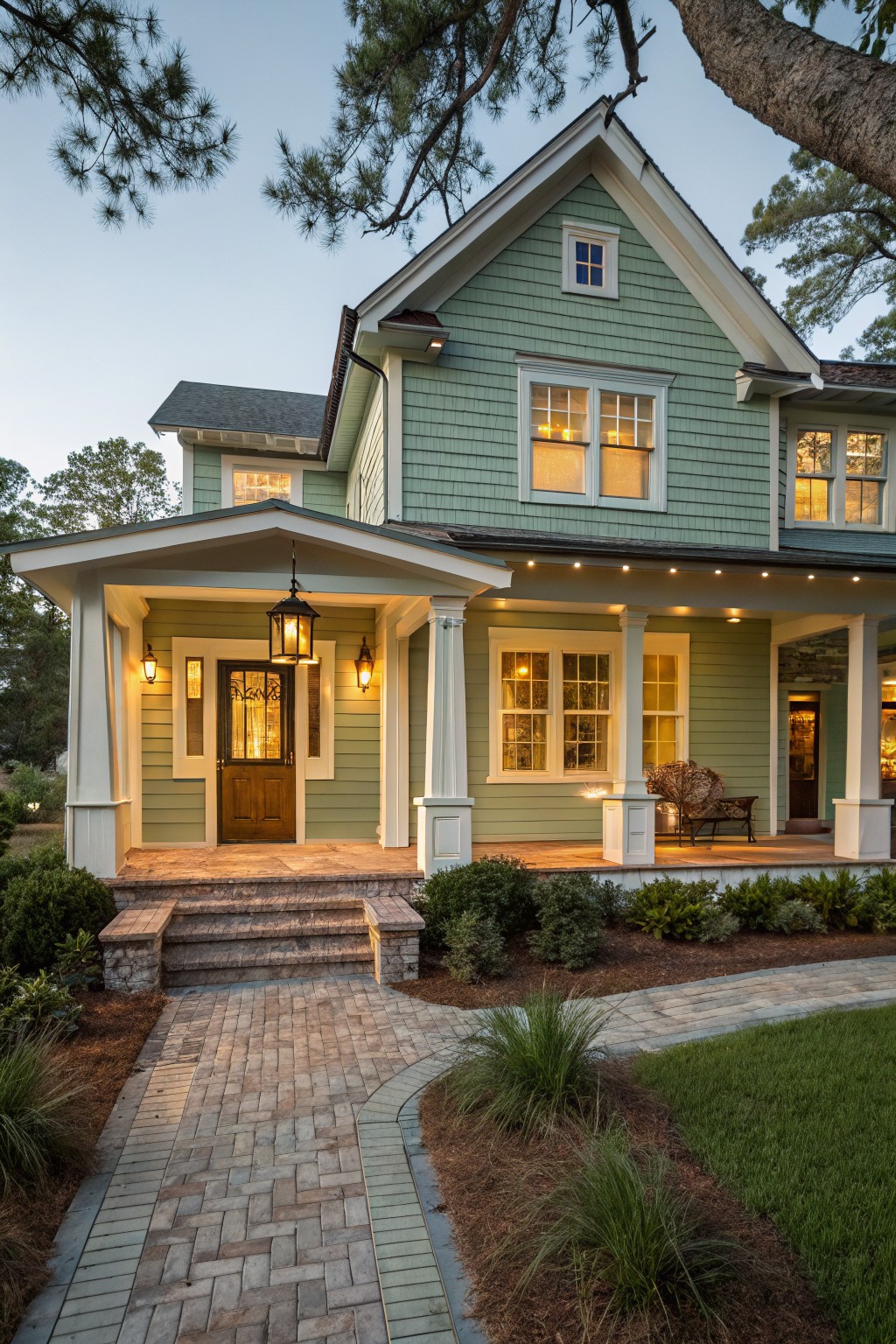 A house exterior painted in soft sage green siding with white trim and a brick porch.