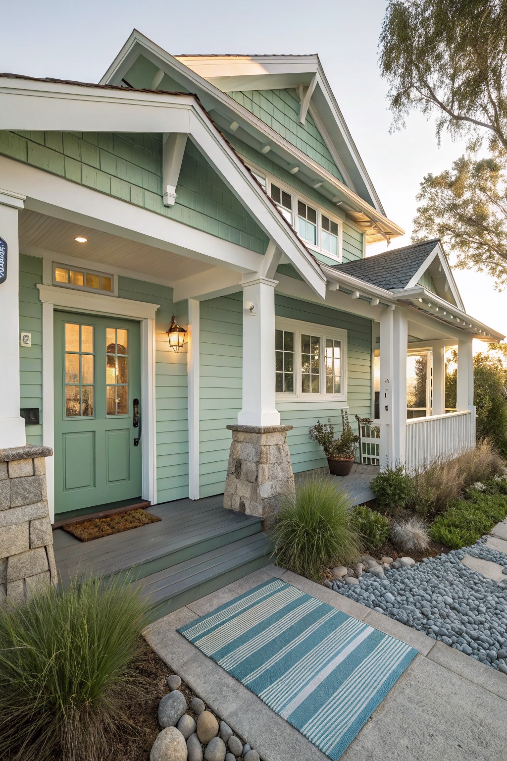 A house exterior painted in soft sage green siding with white trim and a stone foundation.