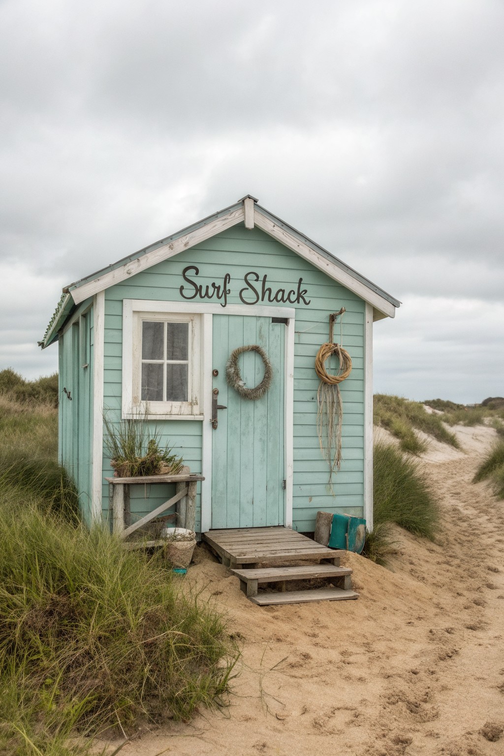 A small wooden beach shack painted soft seafoam green stands on sandy dunes with white trim and a wooden deck.