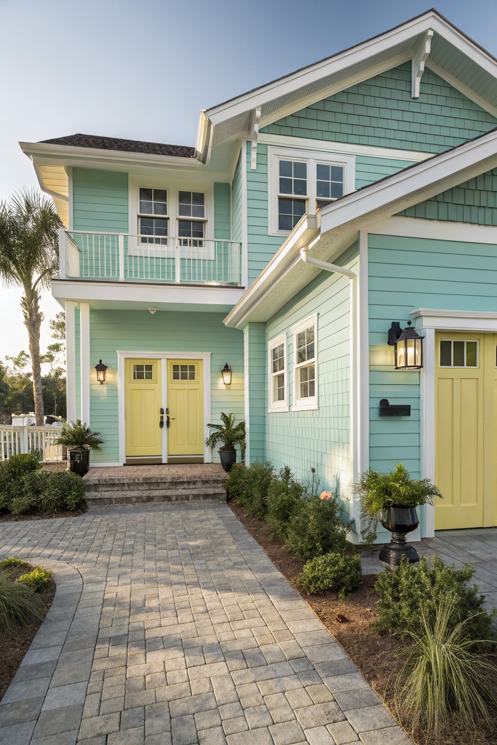 A two-story coastal house with soft seafoam siding and white trim.