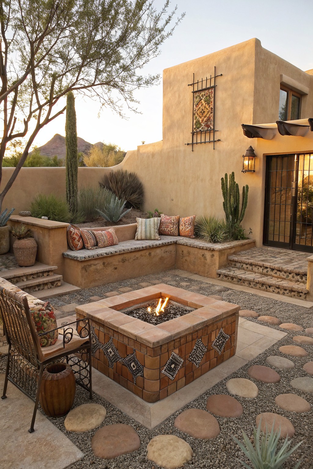 Backyard patio with central square tiled fire pit, built-in cushioned bench seating along adobe walls, desert plants, cacti, stepping stones, and gravel ground cover.