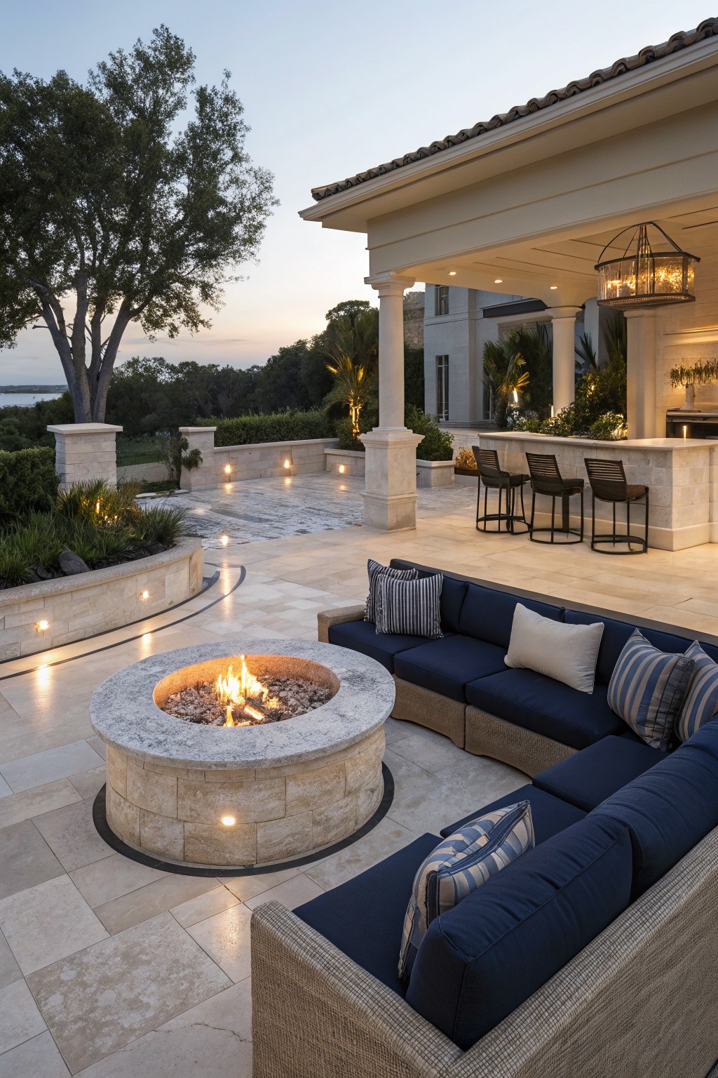 Dusk view of a backyard stone patio with a lit circular stone fire pit surrounded by a navy blue L-shaped outdoor sofa, bar stools at a nearby outdoor kitchen bar, stone columns, landscaping, and water in the background.