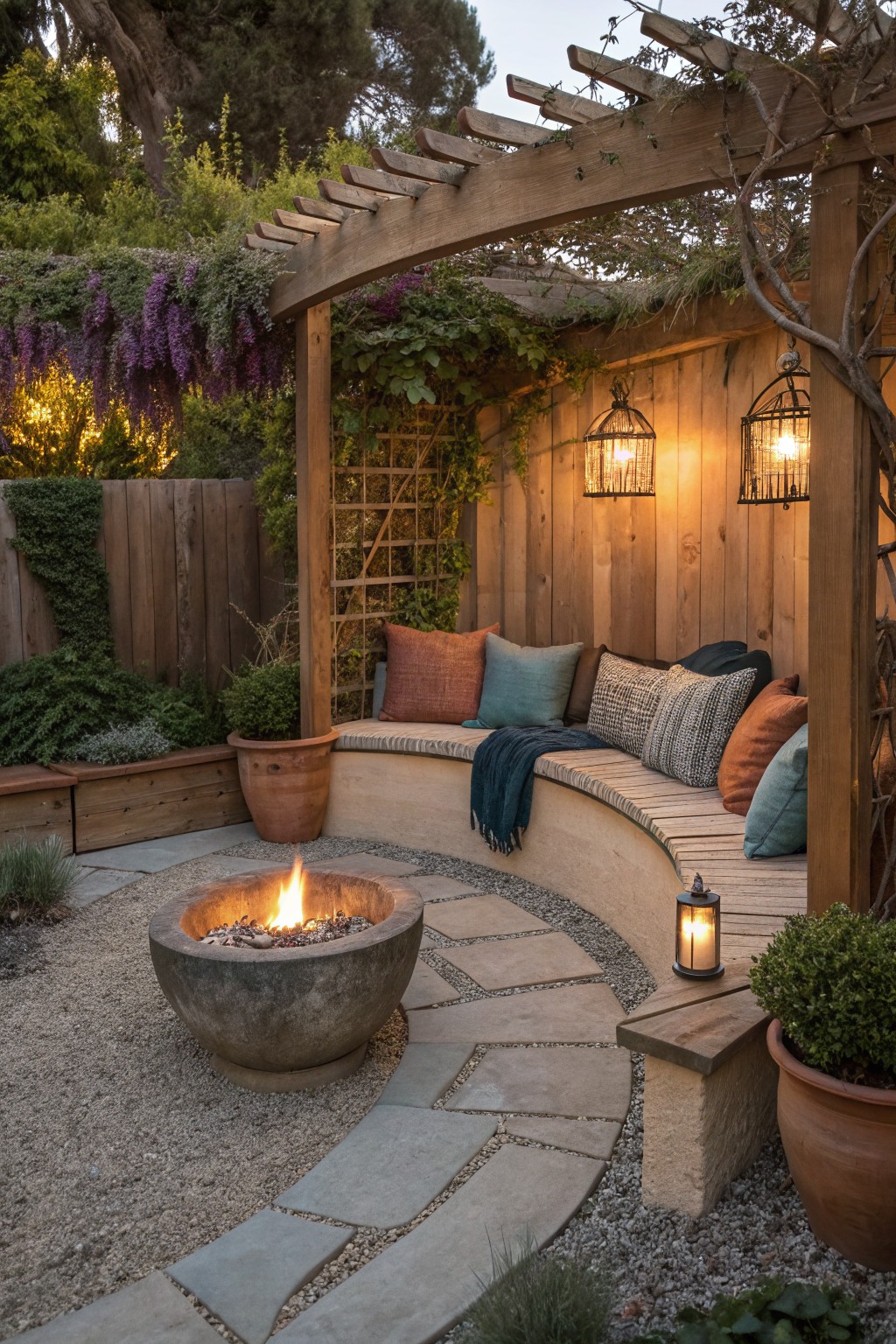 A curved wooden bench with colorful cushions and a throw blanket surrounds a lit stone fire pit in a gravel backyard under a wooden arbor with hanging lanterns and potted plants.