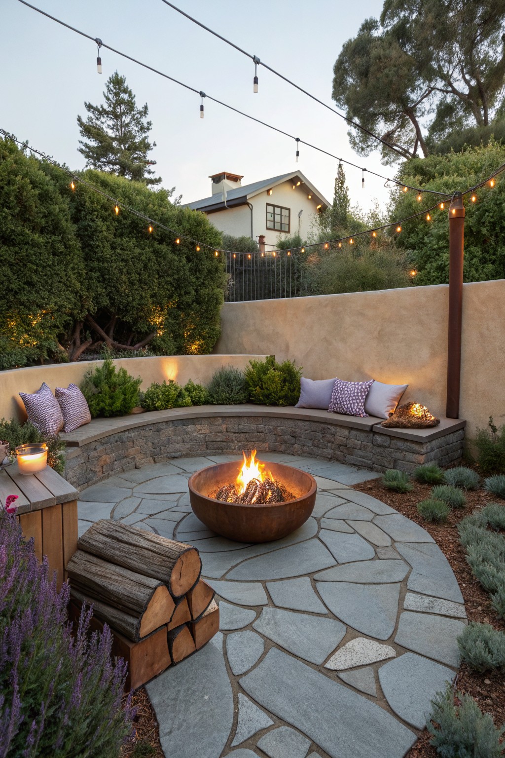 A backyard patio with a central metal fire pit surrounded by a curved stone bench topped with purple pillows, a stack of firewood nearby, string lights overhead, and low plants along the edges.