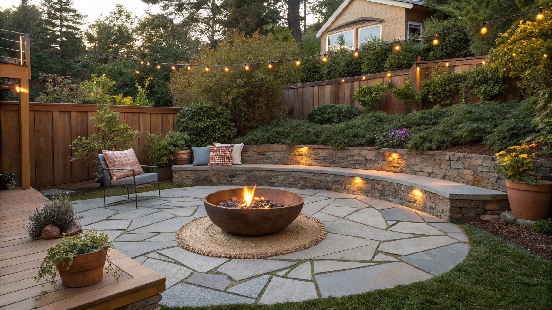 A backyard patio with a central metal fire pit surrounded by a curved stone bench topped with purple pillows, a stack of firewood nearby, string lights overhead, and low plants along the edges.