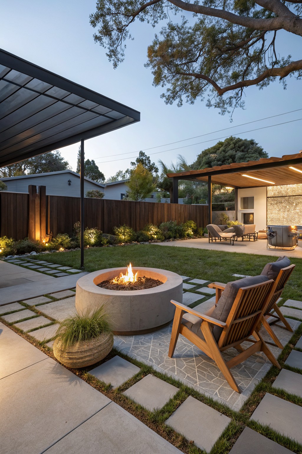 Backyard patio at dusk with a central round concrete fire pit on geometric gray pavers, flanked by two wooden Adirondack chairs, grass lawn, potted grasses, landscape lighting, wooden fence, and pergola structure.